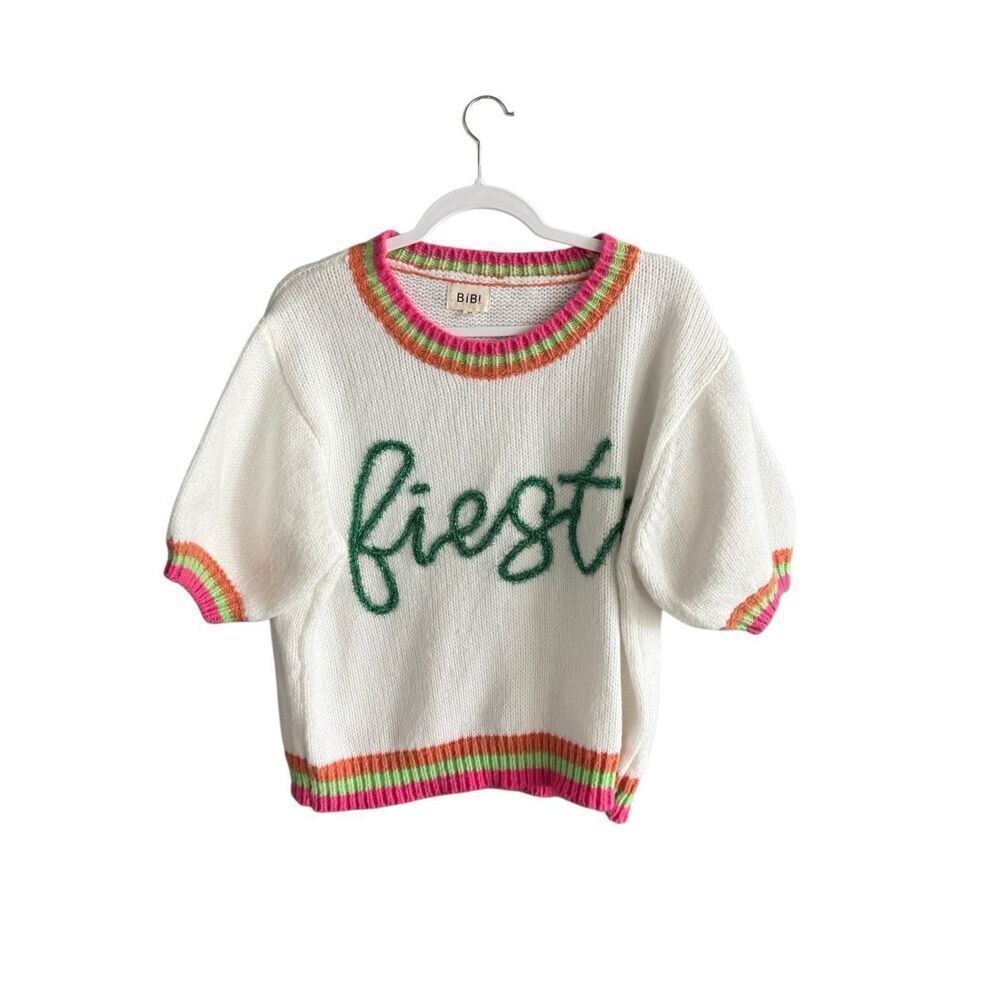 BiBi Womens White Green Fiesta Metallic Short Puff Sleeve Sweater Size Medium